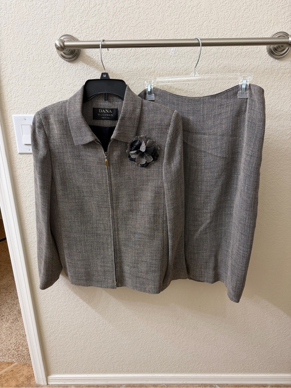 Dana Buchman Gray Two-Piece Skirt Suit with Floral Brooch